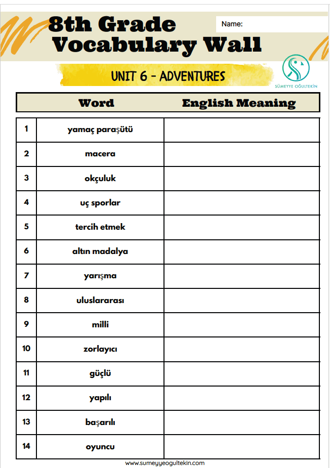8.6 Adventures / Tur-Eng / VOCABULARY Exercise